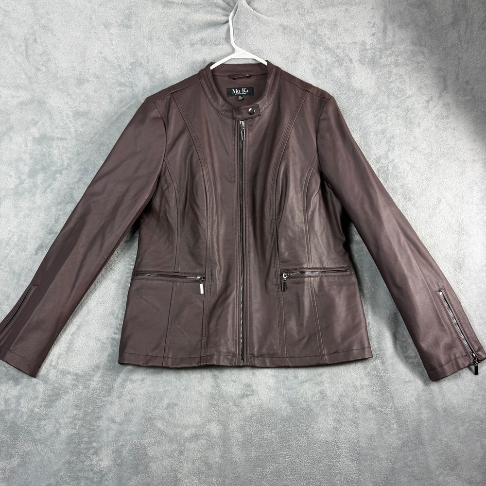 Mo-Ka Women XL Dark Brown Faux Leather Moto Jacket Zip Biker Office Siren Y2K